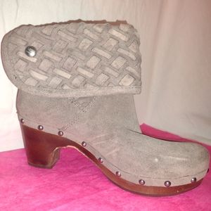 SOLD women's ugg boots w braided leather and wooden heels in awesome condition